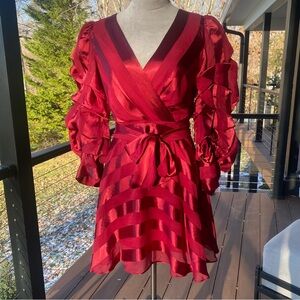 Alice & Olivia — Stunning Crimson Red -Raspberry shades, Ruffled faux Wrap Dress